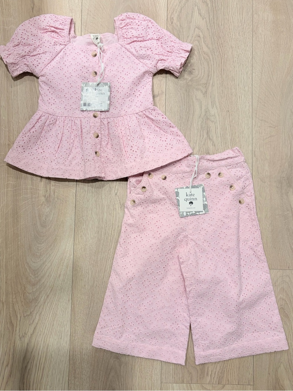 kate quinn Pink Eyelet Button-Front Top and Skirt Set